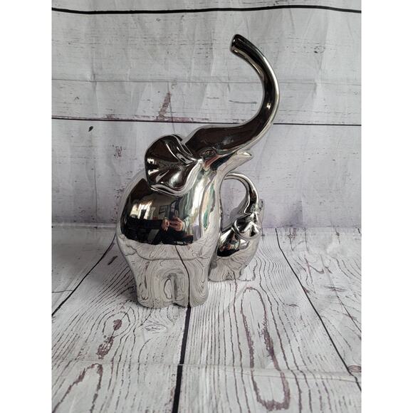 Elephant Mama And Baby Silver Figure 11 Inches Tall - Picture 2 of 8